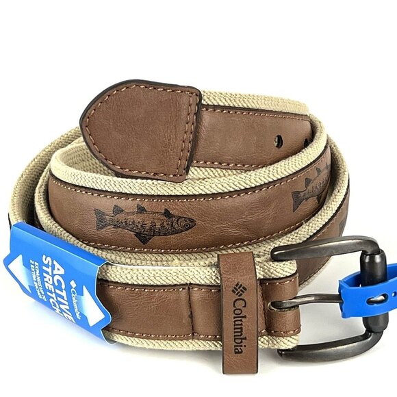 NWT Columbia Men's Sportswear Active Stretch Belt Sz XL Fish Pattern Brown Khaki - Picture 1 of 13